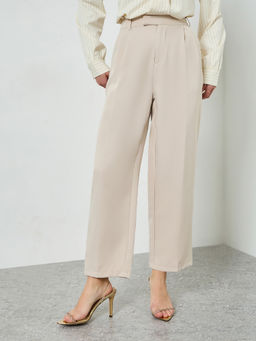 Styli - Cream Solid Woven Tapered Trouser