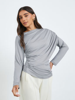 Styli - Grey Solid Polyester Fitted Top