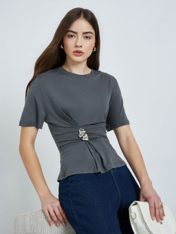 Styli - Charcoal Solid Polyester Regular Top
