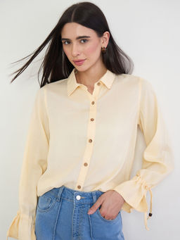 Styli - Yellow Solid Cotton Blend Regular Shirt
