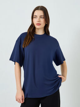 Styli - Navy Blue Solid Polyester Oversized T-Shirt