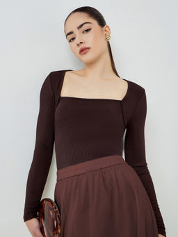 Styli - Brown Solid Polyester Fitted Top