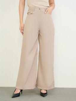 Styli - Beige Solid Woven Wide Trouser