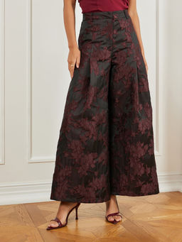 Styli - Burgundy Floral Jacquard Wide Trouser