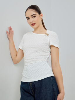 Styli - Off White Self Design Polyester Regular Top