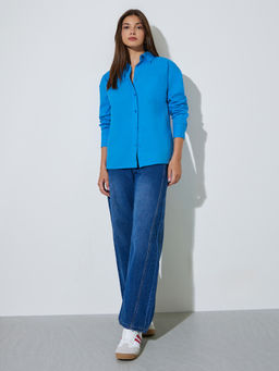Styli - Blue Solid Cotton Oversized Shirt