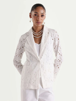 RAREISM - White Self Design Cotton Regular Blazer
