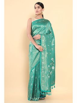 Soch - Women Blue Silk Woven Saree with Unstitched Blouse