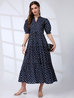 Globus - Women Blue Mandarin Collar Puff Sleeves Tiered A-Line Work Wear Midi Dress