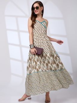 Globus - Women Blue Tassel Floral Print Flared Hem A-Line Fusion Maxi Dress