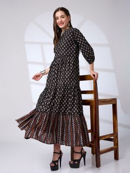 Globus - Women Black Mandarin Collar Ethnic Print Tiered A-Line Work Wear Maxi Dress