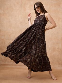 Globus - Women Black Floral Print Halter Neck Fit & Flare Maxi Fusion Dress