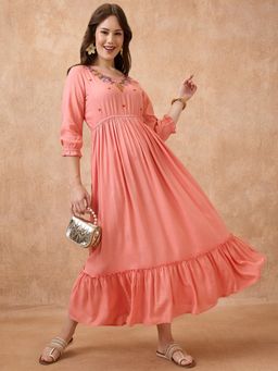 Globus - Women Peach V-Neck Floral Embroidered Yoke Fit & Flare Tiered Maxi Fusion Dress