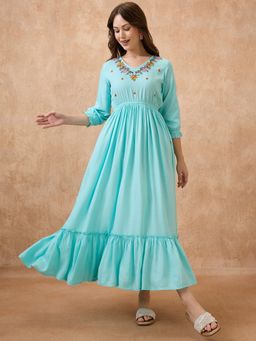 Globus - Women Blue V-Neck Floral Embroidered Yoke Fit & Flare Tiered Maxi Fusion Dress