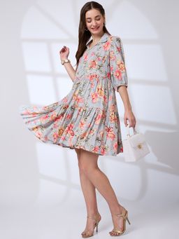 Globus - Women Blue Shirt Collar Puff Sleeves Floral Print A-Line Mini Fusion Dress