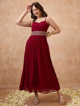 Globus - Women Maroon Shoulder Strap Embroidered Tiered A-Line Maxi Festive Dress