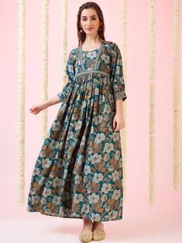Globus - Women Teal Sweetheart Neck Embroidered Gathered A-Line Fusion Maxi Dress