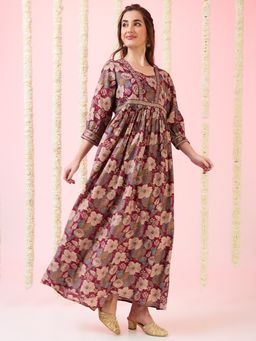 Globus - Women Maroon Sweetheart Neck Embroidered Gathered A-Line Fusion Maxi Dress