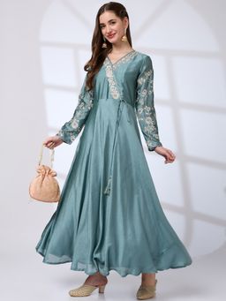 Globus - Women Sea Green V-Neck Sequin Flared Hem A-Line Festive Maxi Dress