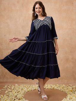 Globus - Women Blue V-Neck Floral Embroidered Yoke Flared Hem A-Line Midi Dress