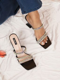 Sherrif Shoes - Black Open Toe Spool Heels