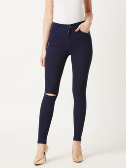 Miss Chase - Women's Navy Blue Skinny Fit Mid Rise Knee Slit Denim Stretchable Jeans