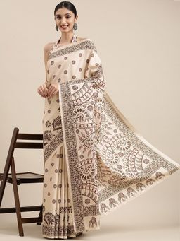 Akhilam - Womens Manipuri Silk Beige Digital Print Celebrity Saree with Unstitched Blouse