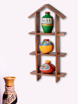 ExclusiveLane - Terracotta Warli Handpaint Pots With Sheesham Wood Hut Frame Wall Hanging (Set of 4)