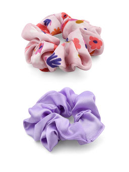 ToniQ - Purple Solid & Pink Satin Floral Printed Hair Scrunchie Rubber Band Set For Women (Set of 2)