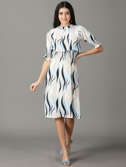 SHOWOFF - Womens Printed High Neck Off White Knee Length Dress