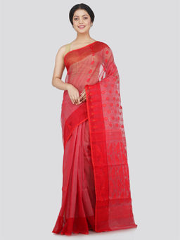 PinkLoom - Womens Soft Cotton Blend Jamdani Saree without Blouse -Red