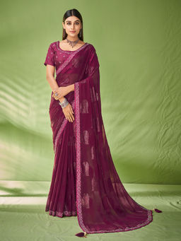 Odette - Wine Georgette Zari Jacquard Embroidered Saree with Unstitched Blouse
