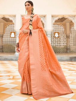 Odette - Women Nylon Orange Woven Design Saree with Unstitched Blouse