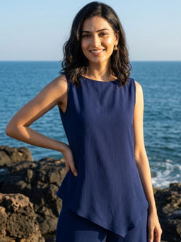 AOBA - Women Blue Solid/Plain Cotton Top