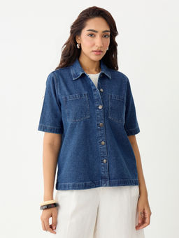 Femmella - Women Navy Blue Solid/Plain Denim Shirt