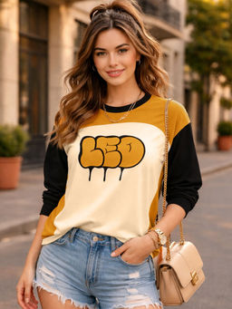 LEOTUDE - Women Mustard Colorblock Cotton Blend T-Shirt