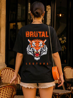 LEOTUDE - Women Black Typography Cotton Blend T-Shirt