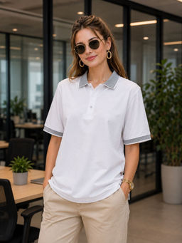 LEOTUDE - Women White Solid/Plain Cotton Blend Polo T-Shirt