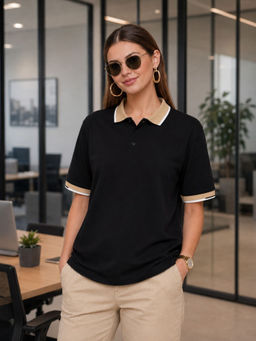 LEOTUDE - Women Black Colorblock Cotton Blend Polo T-Shirt