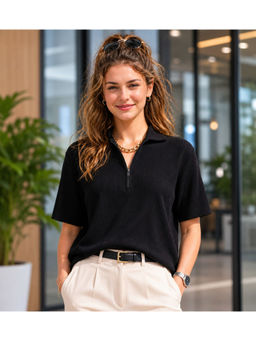 LEOTUDE - Women Black Solid/Plain Cotton Blend Polo T-Shirt
