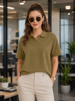 LEOTUDE - Women Green Solid/Plain Cotton Blend Polo T-Shirt