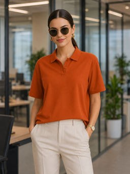 LEOTUDE - Women Orange Solid/Plain Cotton Blend Polo T-Shirt