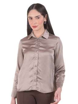 Cantabil - Women Brown Solid/Plain Polyester Shirt