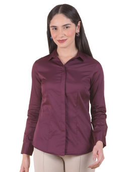Cantabil - Women Maroon Solid/Plain Cotton Shirt