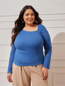 CURVY STREET - Women Blue Solid/Plain Cotton Top
