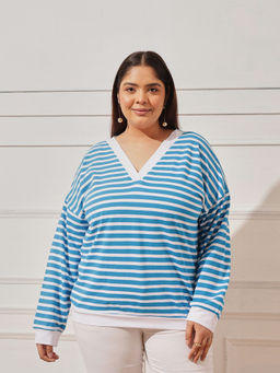 CURVY STREET - Women Blue Stripes Cotton Top