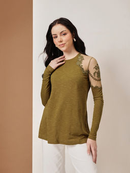 HOUSE OF S - Women Olive Embroidered Cotton Blend Top