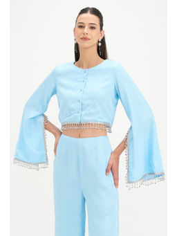 Virgio - Women Blue Self Design Viscose Crop Top