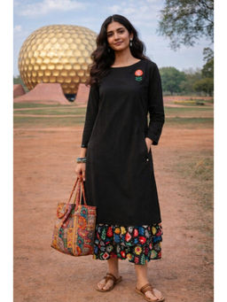 Gulaal - Bold Bloom Black Pue Cotton A Line Midi Dress
