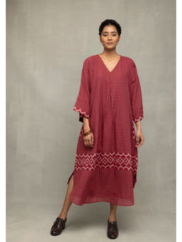 Sutra Art of Clothing - Crimson Checkered Jamdani Kaftan Dress